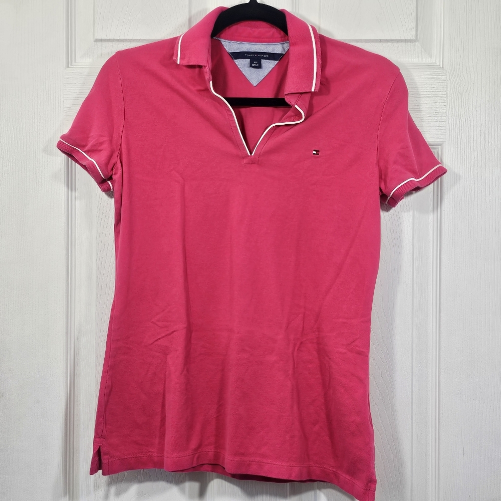 Tommy Hilfiger Pink & White Short Sleeve V-neck Polo Size Small